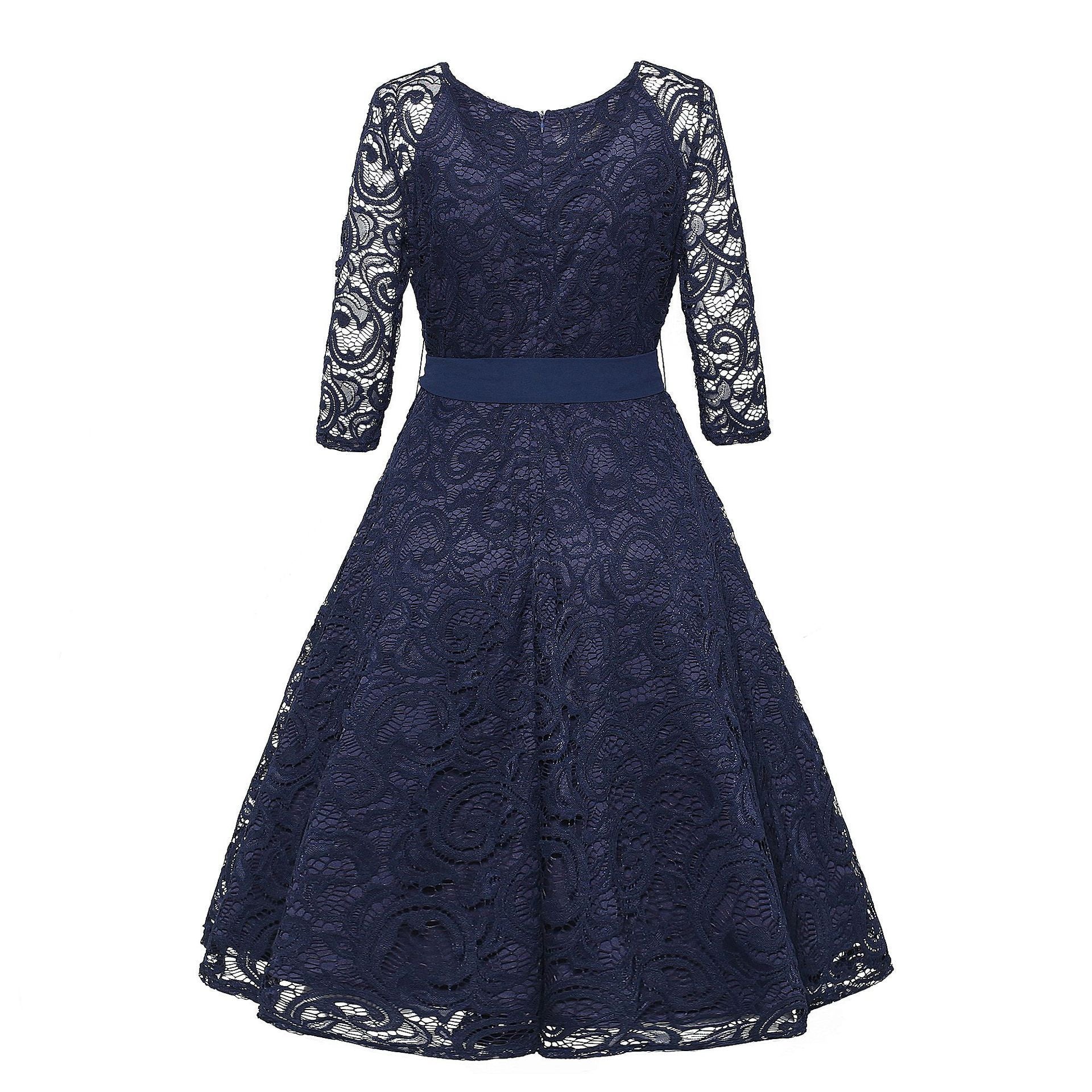 Lace Belted 3/4 Sleeves Solid Color A-Line Midi Dress, Apricot / S