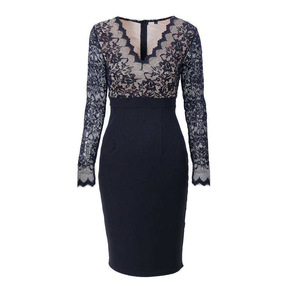 Lace Sleeve Pleated Pencil Dress-Theone Apparel