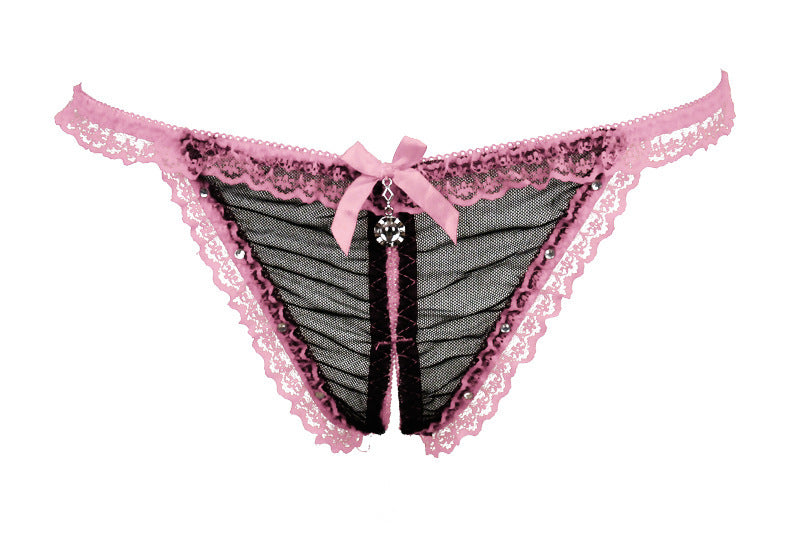 Lace and Mesh Cutout Front Jeweled Thongs-Pink-Theone Apparel