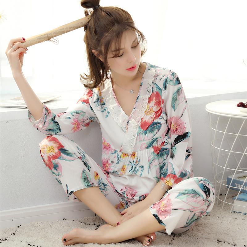 Lacy Tropical Floral Sleepwear Set-White-Theone Apparel