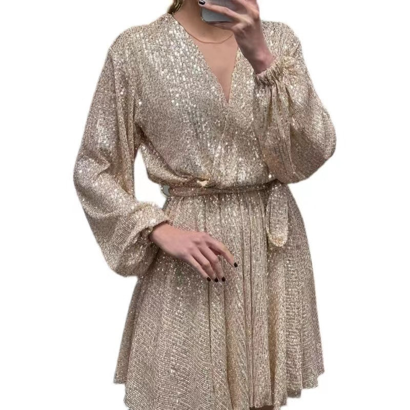 Long Sleeved V-neck Midi Length Wrap Dress