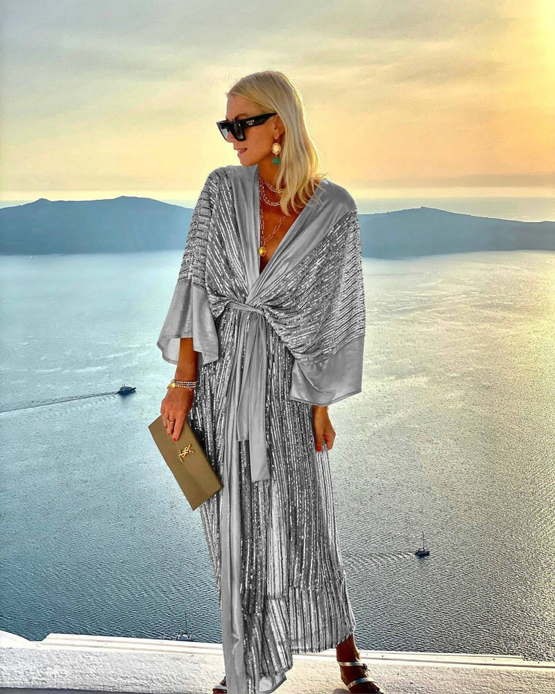 slim fit dress slacks Loose Fitting V-Neck Shimmering Maxi Dress