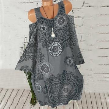 Medallion Print Cold Shoulder Dress-Gray-Theone Apparel
