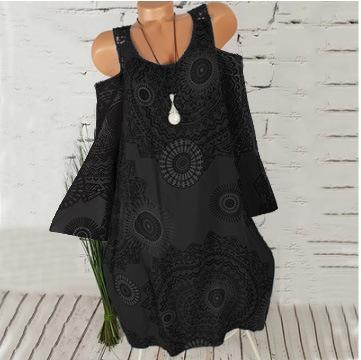 Medallion Print Cold Shoulder Dress-Theone Apparel