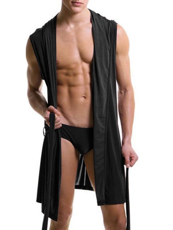 Mens Sexy Sleeveless Hooded Robe-Black-Theone Apparel
