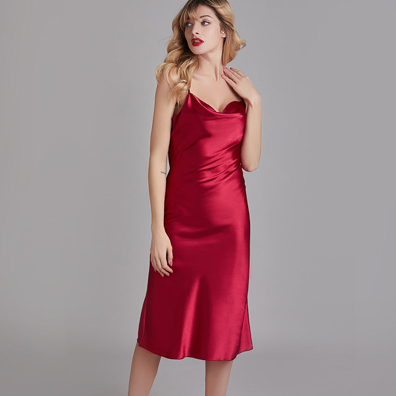 Midi Hem Spaghetti Strap Silky Slip Dress, Claret / S