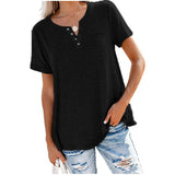 Loose Fitting Short Sleeve V-Neck Tee with Buttons.