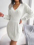 Gaun sweater gaya rajutan wanita dengan v-neck dan lengan panjang