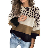 पशु प्रिंट के साथ त्रि-रंग का लंबा आस्तीन स्वेटर