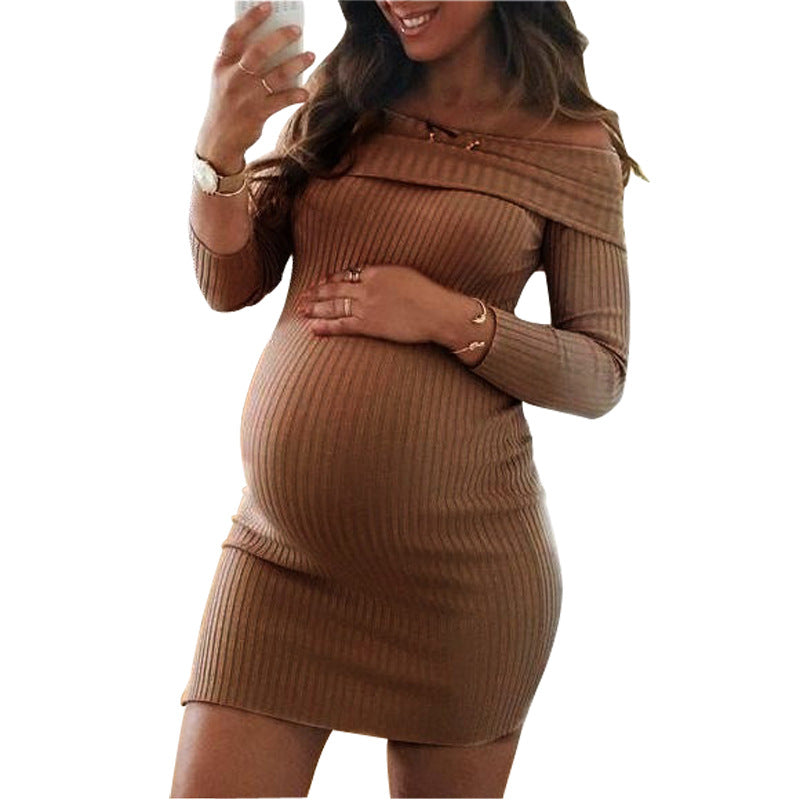 Off the Shoulder Knit Style Long Sleeve Maternity Dress, Brown / XL