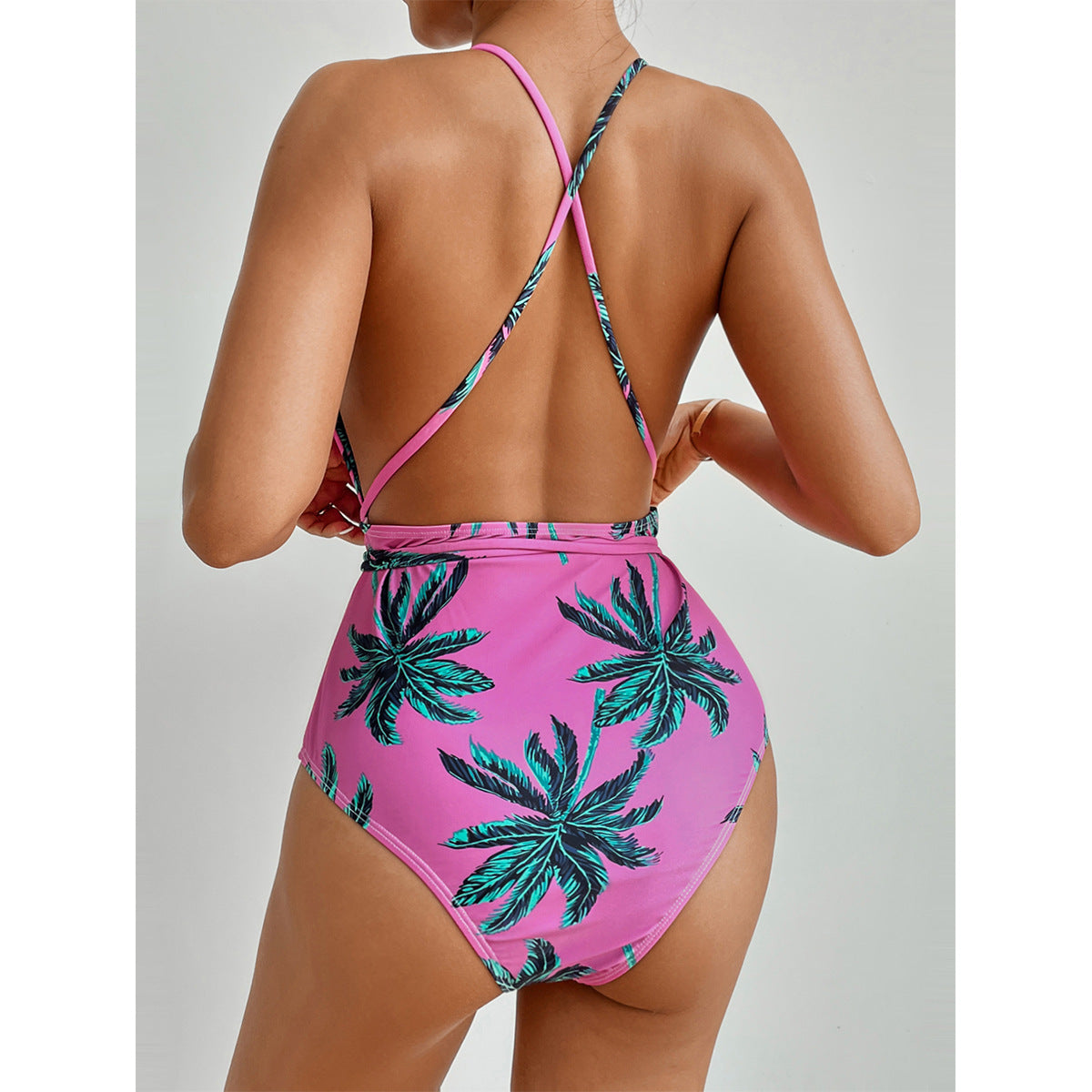 One Piece Tropical Tree V-Neck Swimsuit-Theone Apparel