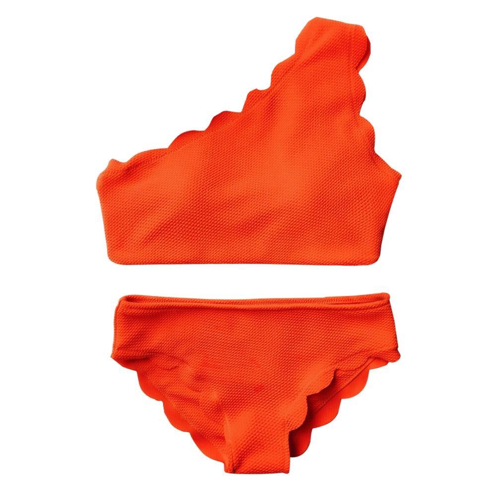 One Shoulder Ladies Scalloped Bikini Set-Orange-Theone Apparel