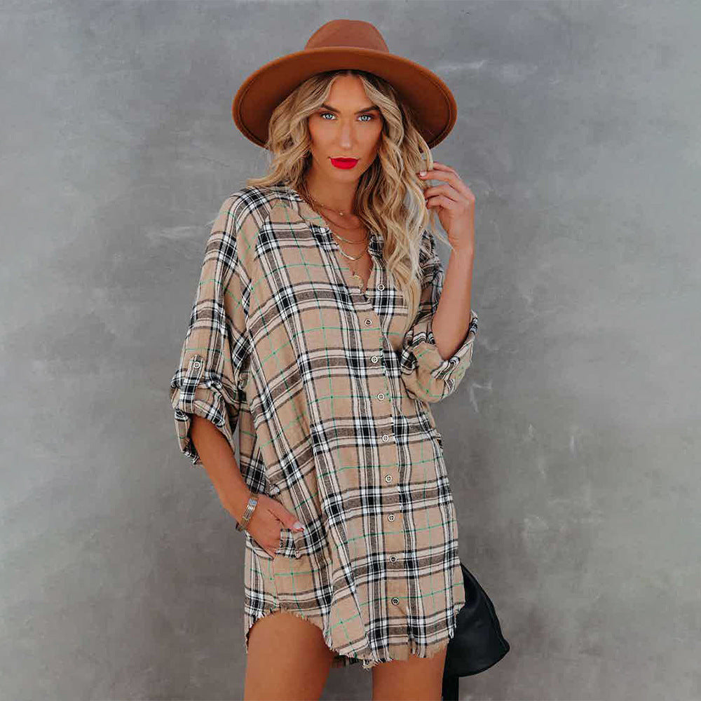 open lace back dress Oversized Flannel Mini Dress Style Shirt with Three Quarter Length Sle