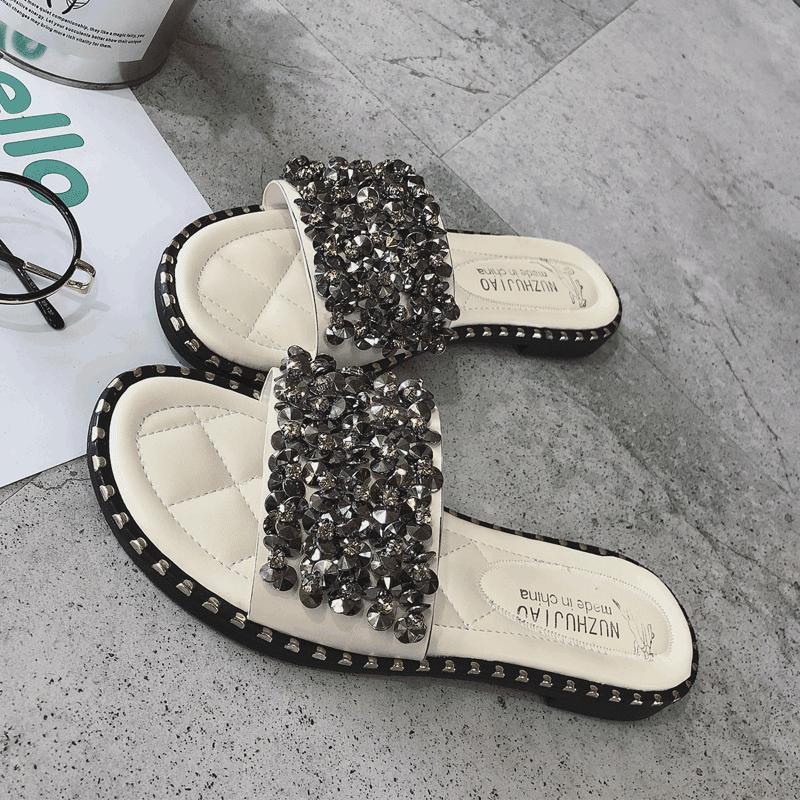 Pearl Encrusted Stud Trim Slippers-White 2-Theone Apparel