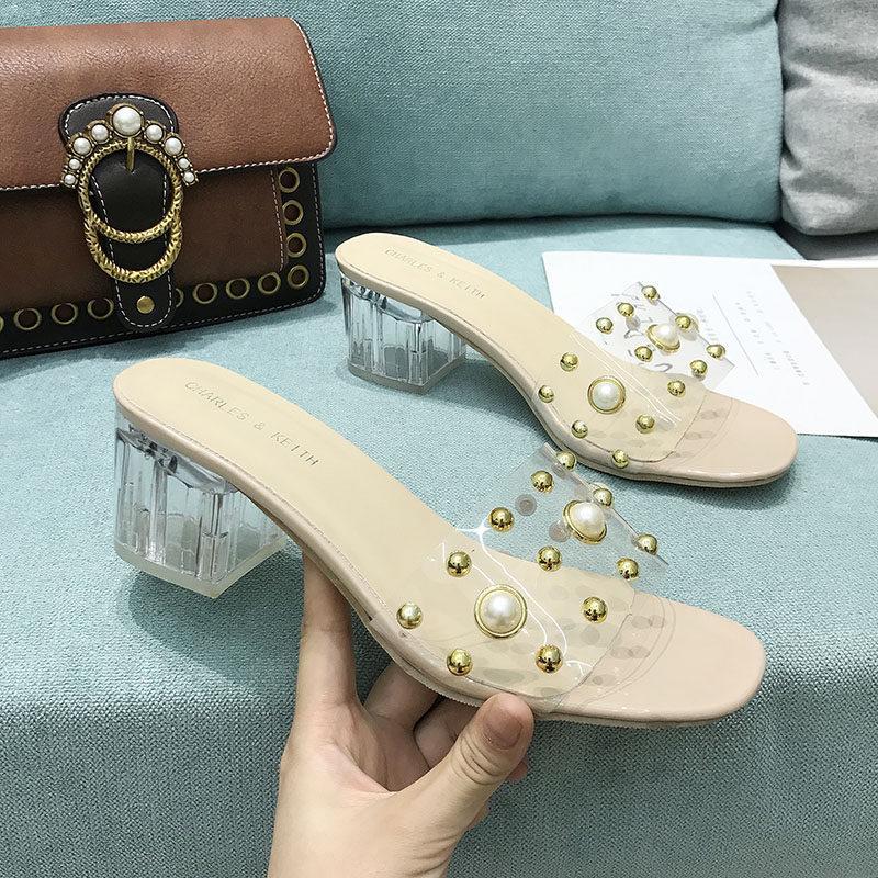 Pearl Stud Clear Heel Slippers-Beige-Theone Apparel