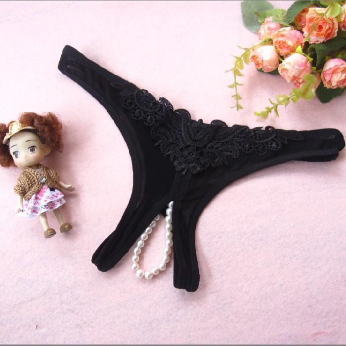 Pearly Secret Cheeky Crotchless Panties-Black-Theone Apparel