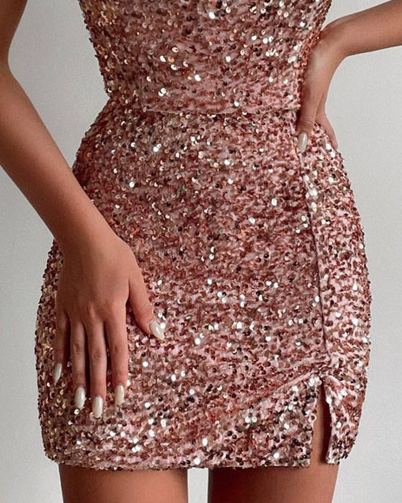 Pink Mini Dress with Spaghetti Straps and Sequins