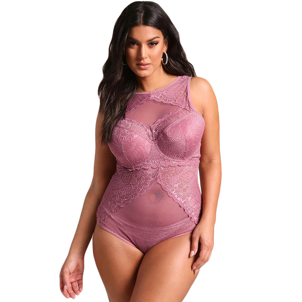 Plus Size Mesh & Lace Teddy Romper-Theone Apparel