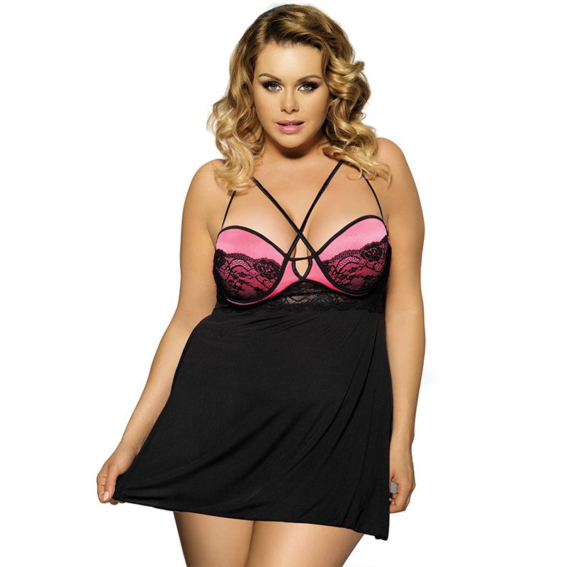 Plus Size Strappy Lacy Balconette Mini Dress-Black/Pink-Theone Apparel