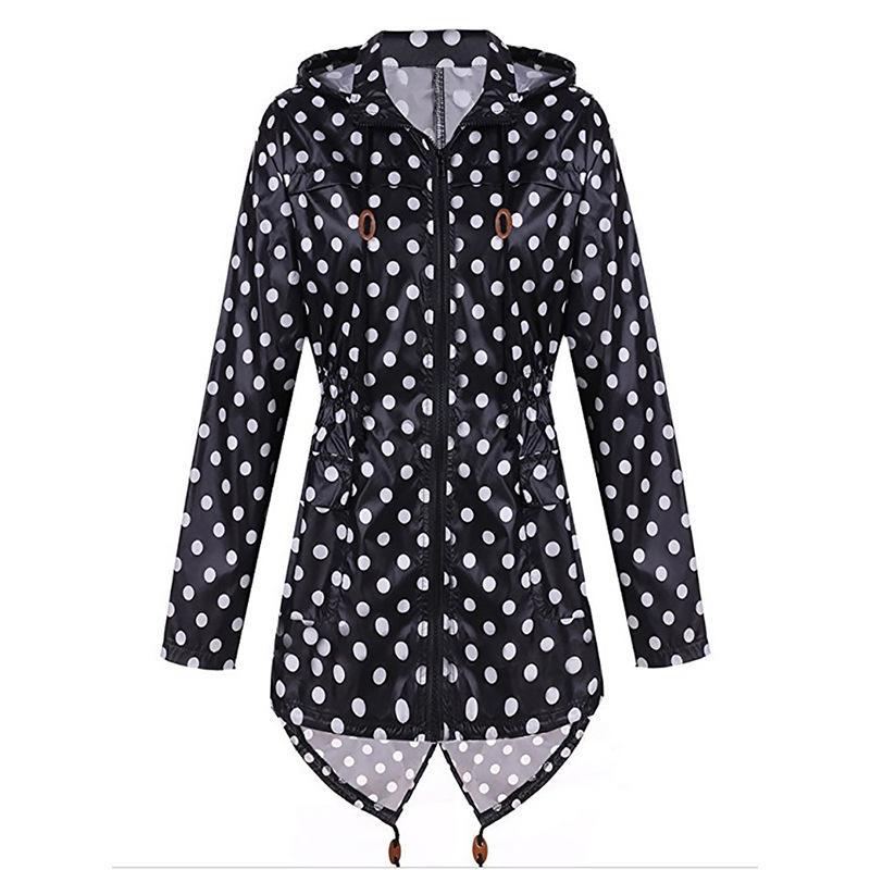 Polka Dot Print Hoodie Trench Coat-Black/White-Theone Apparel