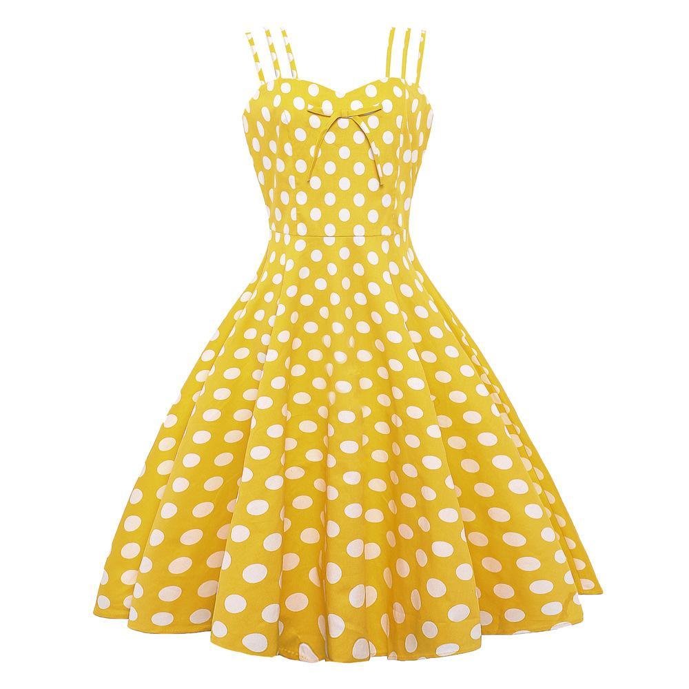 Polka Dot Triple Strap Summer Dress-Yellow-Theone Apparel