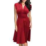 Pleated Plunging Cap-Sleeve A-Line Dress