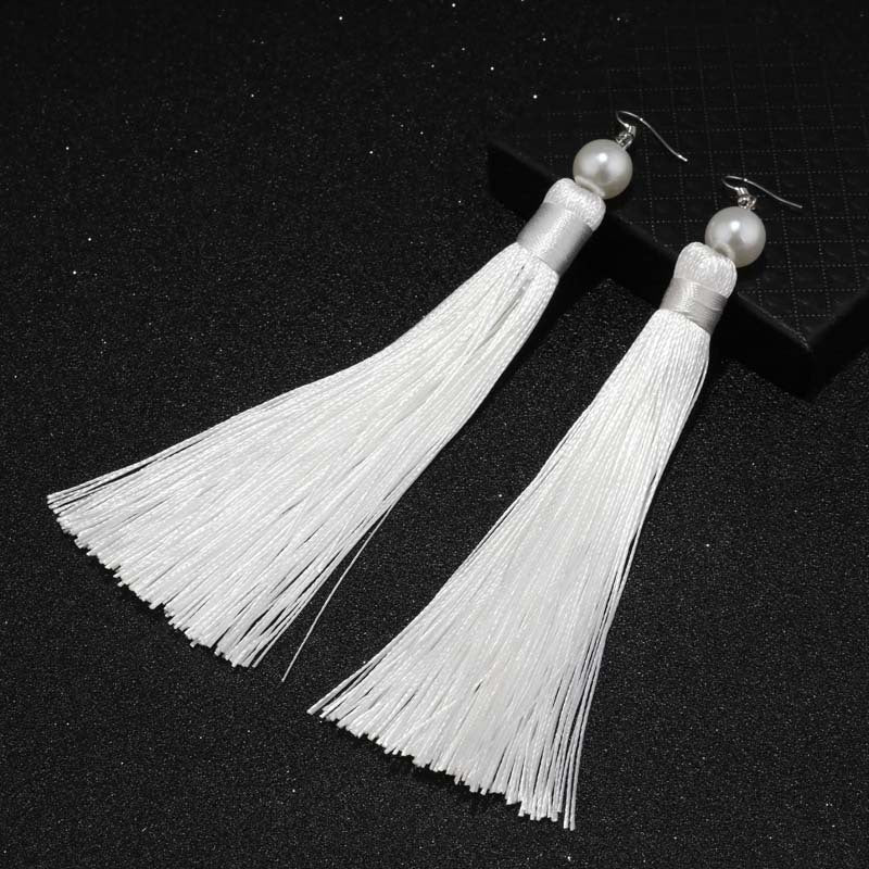 Red Tassel Pearl Drop Earrings-White-Theone Apparel