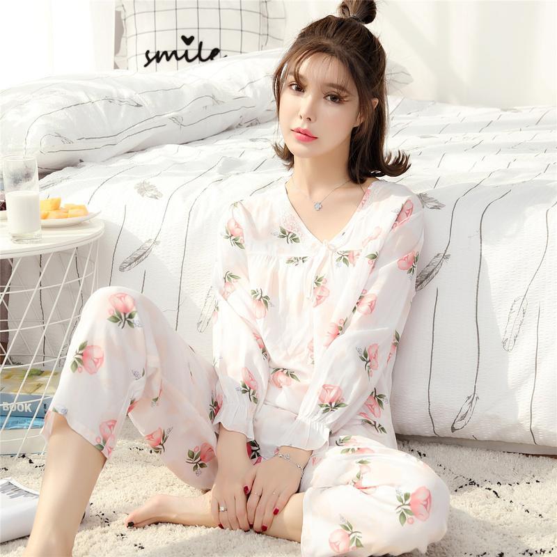 Ruffle Cuffs Floral Sleepwear Set-White-Theone Apparel
