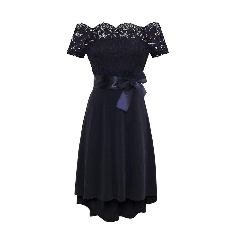 Satin Bowtie Off Shoulder Lace Dress-Theone Apparel