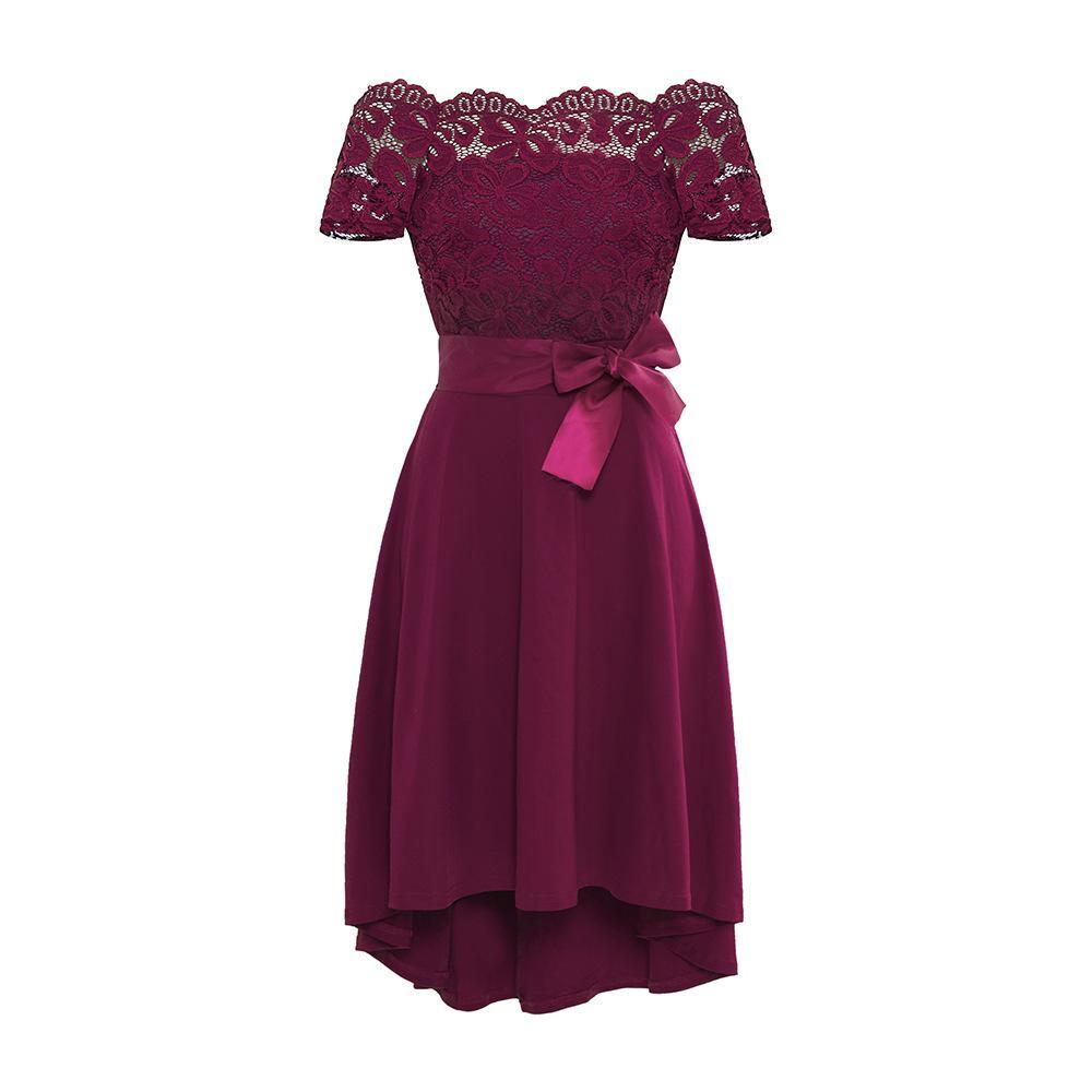 Satin Bowtie Off Shoulder Lace Dress-Theone Apparel