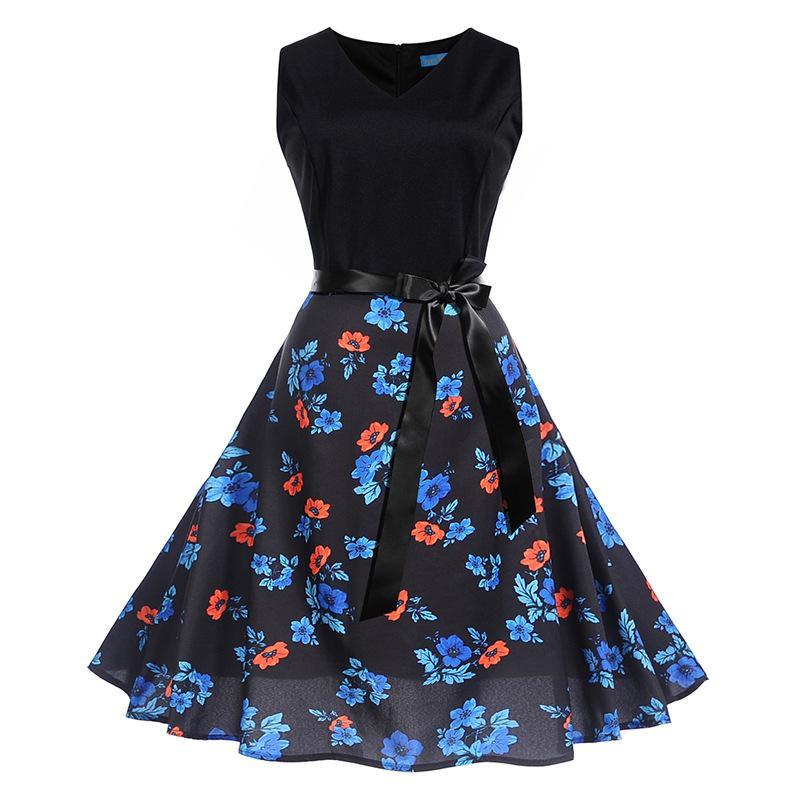 Satin Waist Bow Cocktail Dress-Black/Blue-Theone Apparel