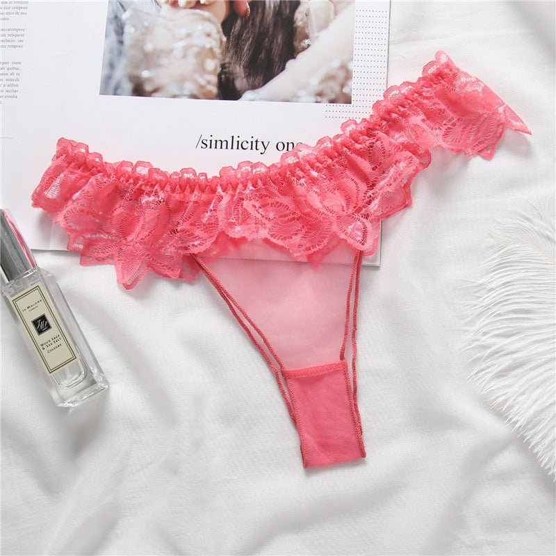 Sheer Lace Ruffle Thong Panty-Hot Pink-Theone Apparel