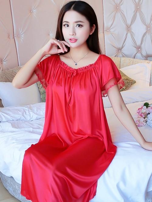 Silky Mesh Ruffle Nightgown-Red-Theone Apparel