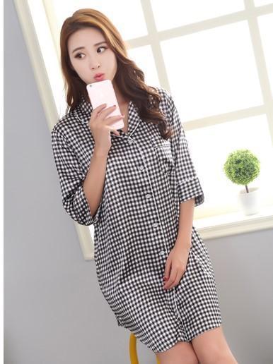 Silky Sleep Shirt with Piped Trim-Black Square-Theone Apparel