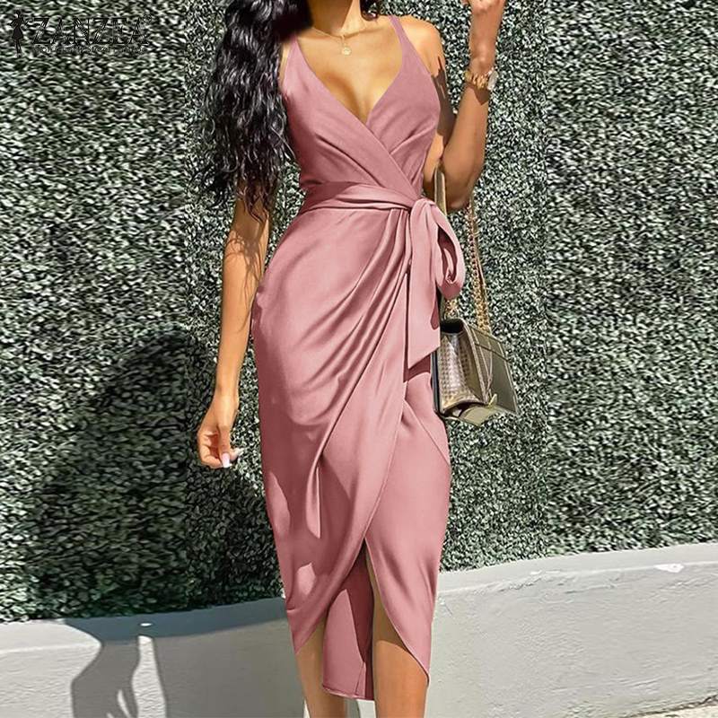 mini pink wrap dress Sleeveless V-Neck Mini Wrap Dress