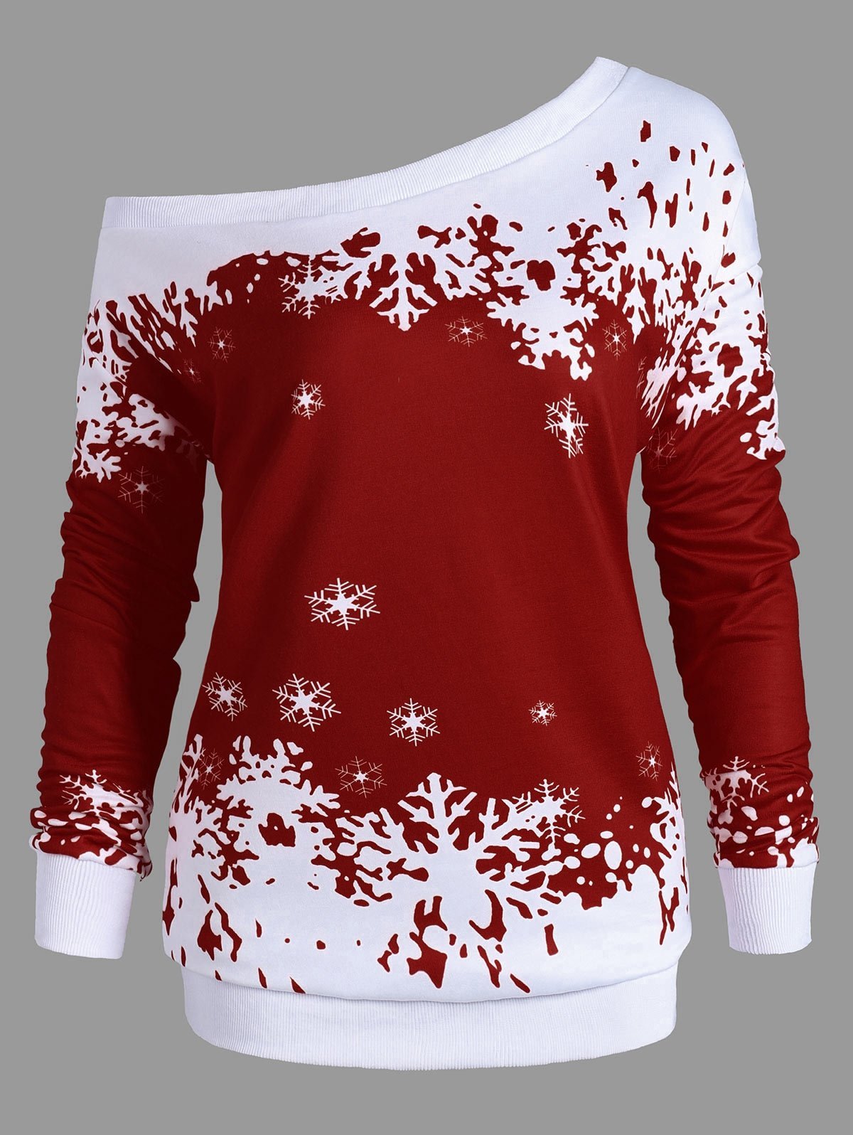 Snowflake One Shoulder Plus Size Sweatshirt-Red-Theone Apparel
