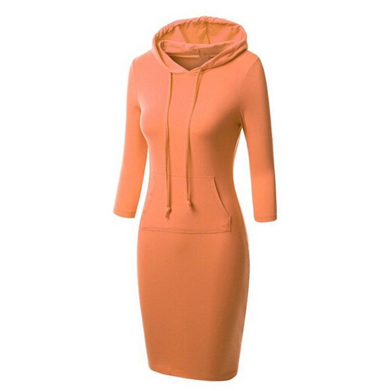 knee length dresses for ladies Sporty Drawstring Hood Sweater Dress