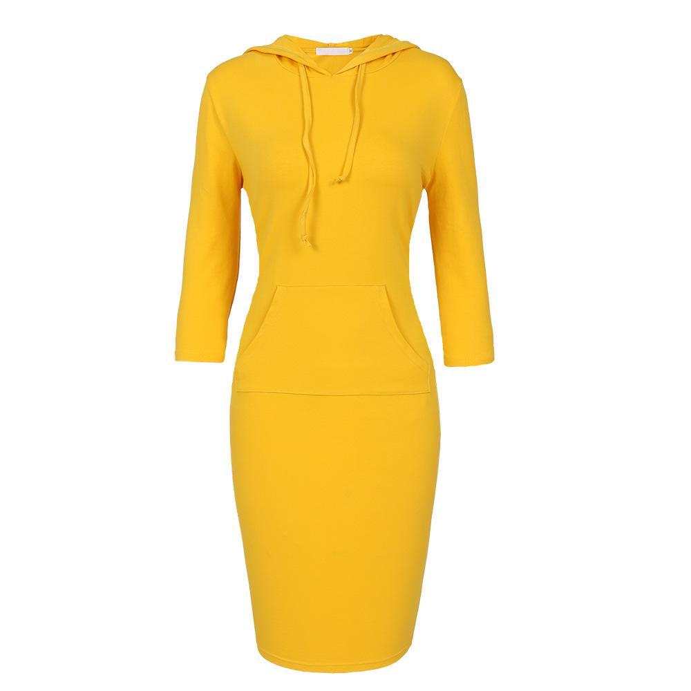Sporty Drawstring Hood Sweater Dress-Yellow-Theone Apparel