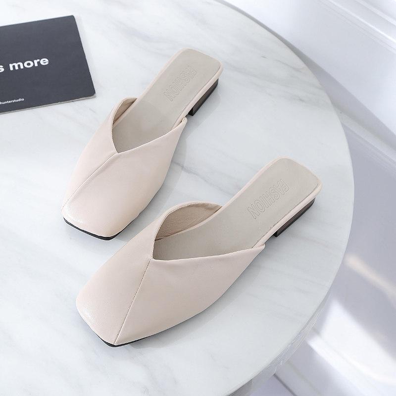 Square Toe Leatherette Slipper Shoes-Beige-Theone Apparel