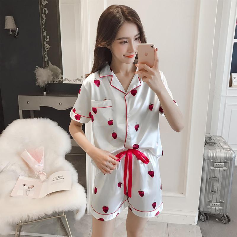 Strawberry Sweetness Silky Sleep Set-White-Theone Apparel