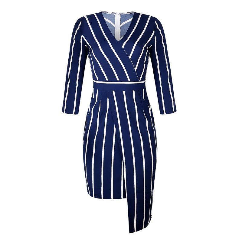 Striped Asymmetrical Wrap Dress-Theone Apparel
