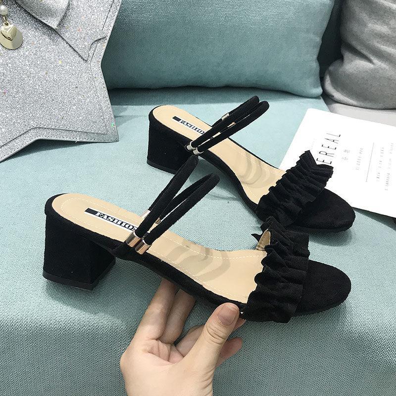 Suede Ruffle Strap Sandal Pumps-Theone Apparel