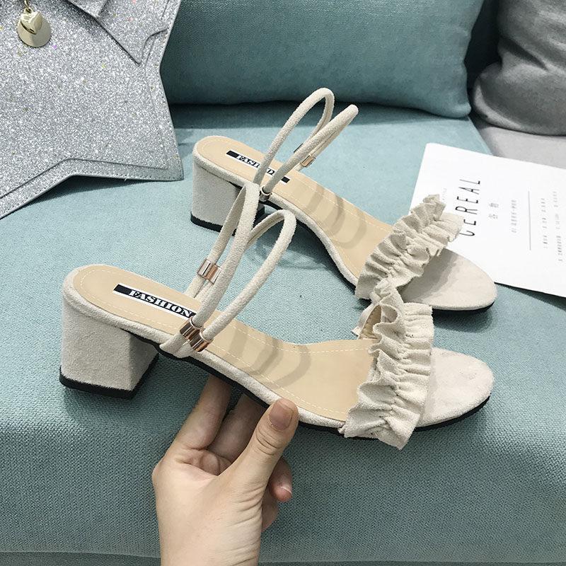 Suede Ruffle Strap Sandal Pumps-Theone Apparel
