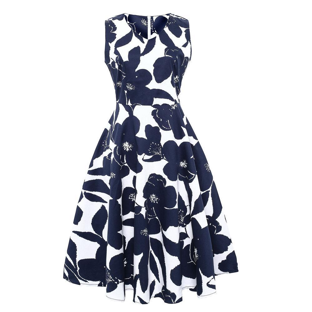 Tropical Flora Sleeveless Summer Dress-Dark Blue-Theone Apparel