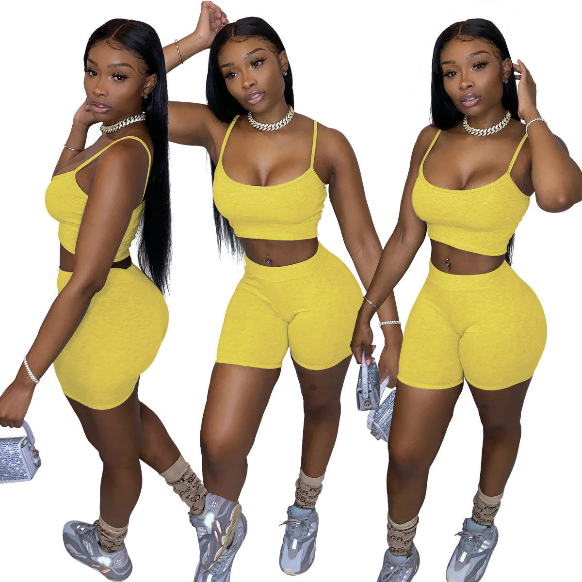 Two Piece Bra and Shorts Set-Yellow-Theone Apparel