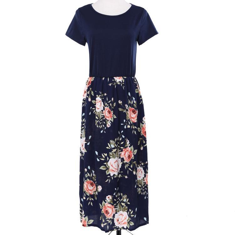 Vintage Floral Print Cap Sleeve Dress-Dark Blue-Theone Apparel