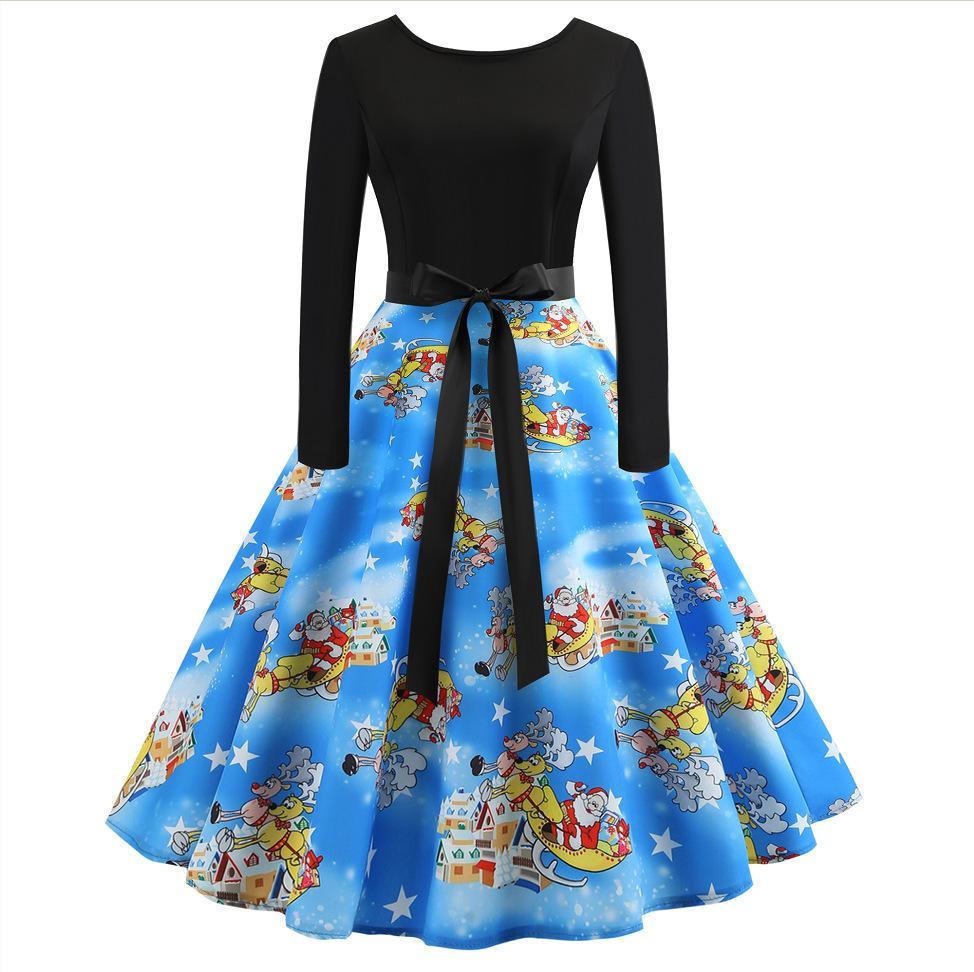 Waist Tie Holiday Print A Line Dress-Theone Apparel