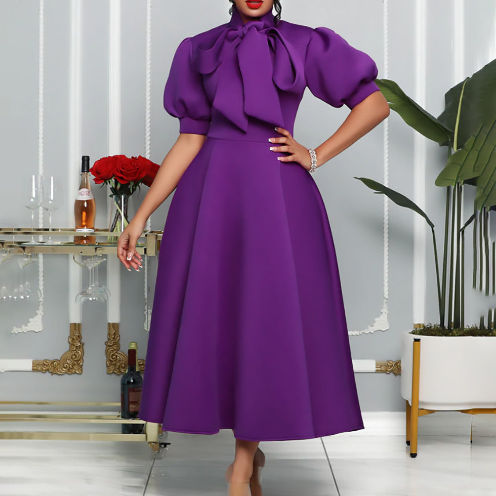 Women's A-Line Dress with Dramatic Oversized Neck Ribbon