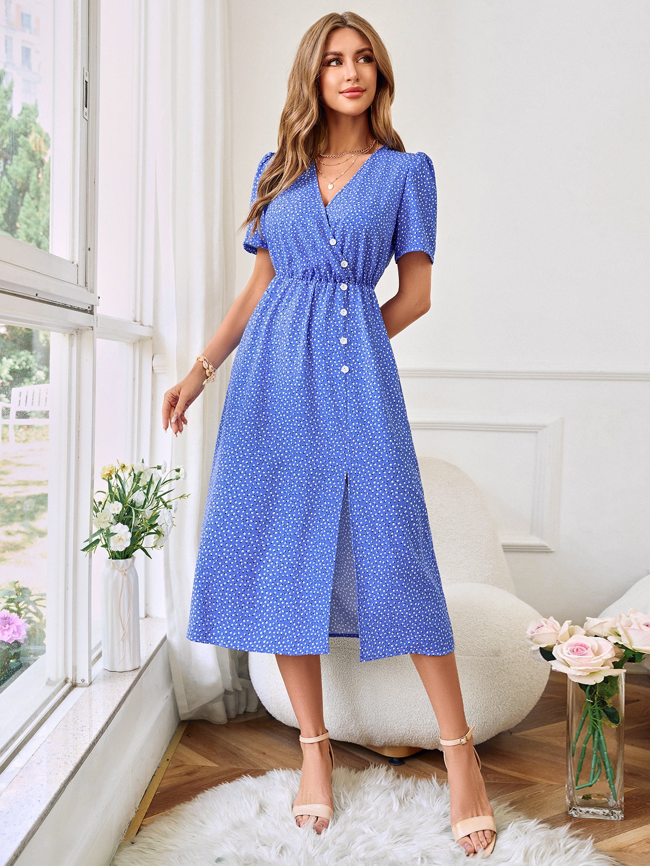 Women's A-Line Midi Dress with Asymmetrical Buttons