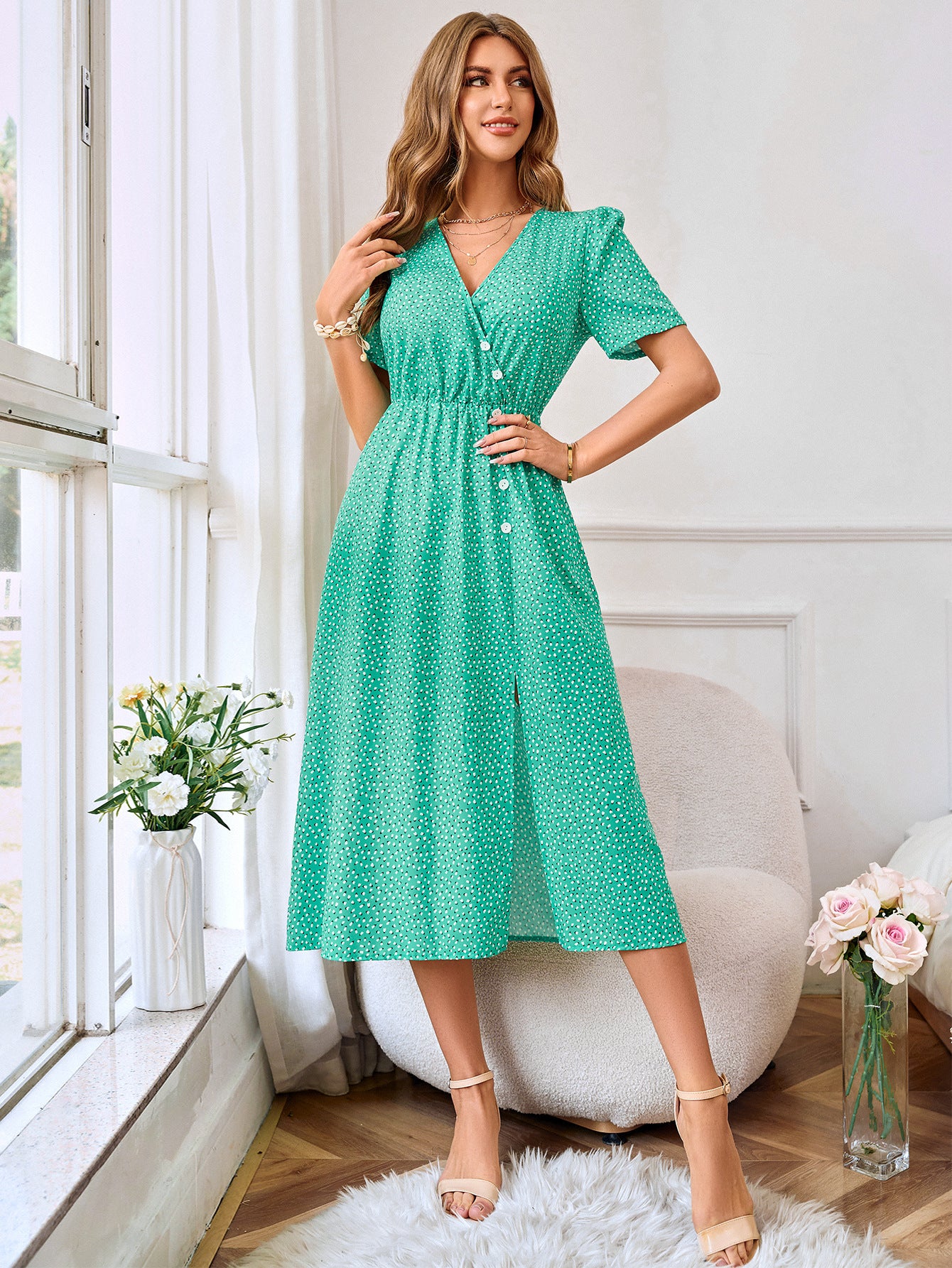 Women's A-Line Midi Dress with Asymmetrical Buttons